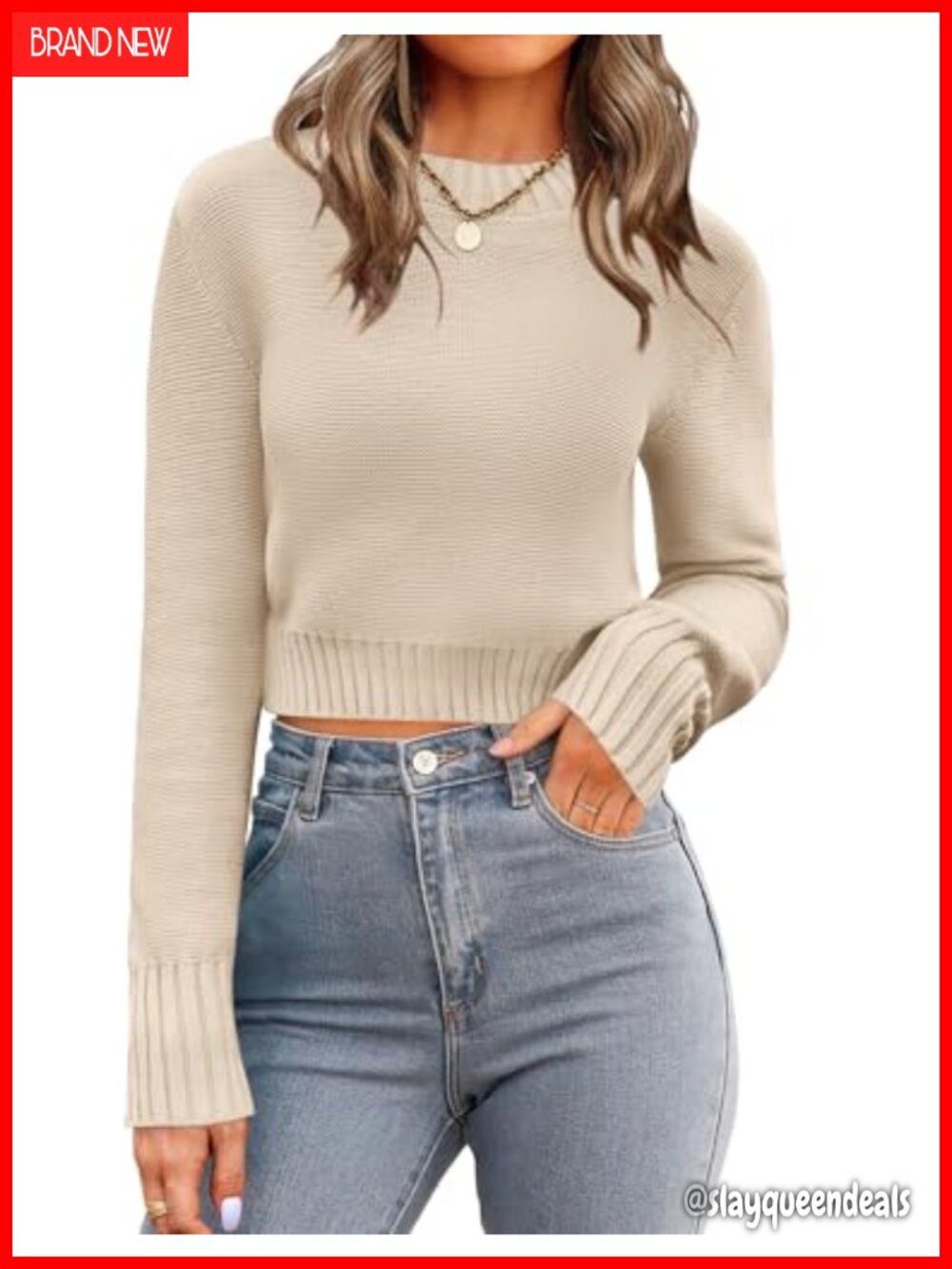 Crewneck Cropped Sweater Long Sleeve Ribbed Knit Pullover